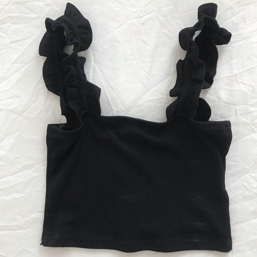 Ruffle Sleeve Ribbed Crop Tank Top